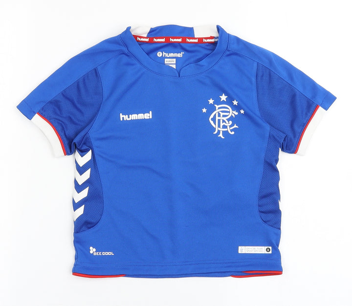 Hummel Boys Blue 100% Polyester Jersey T-Shirt Size 2-3 Years Round Neck Pullover - Rangers FC
