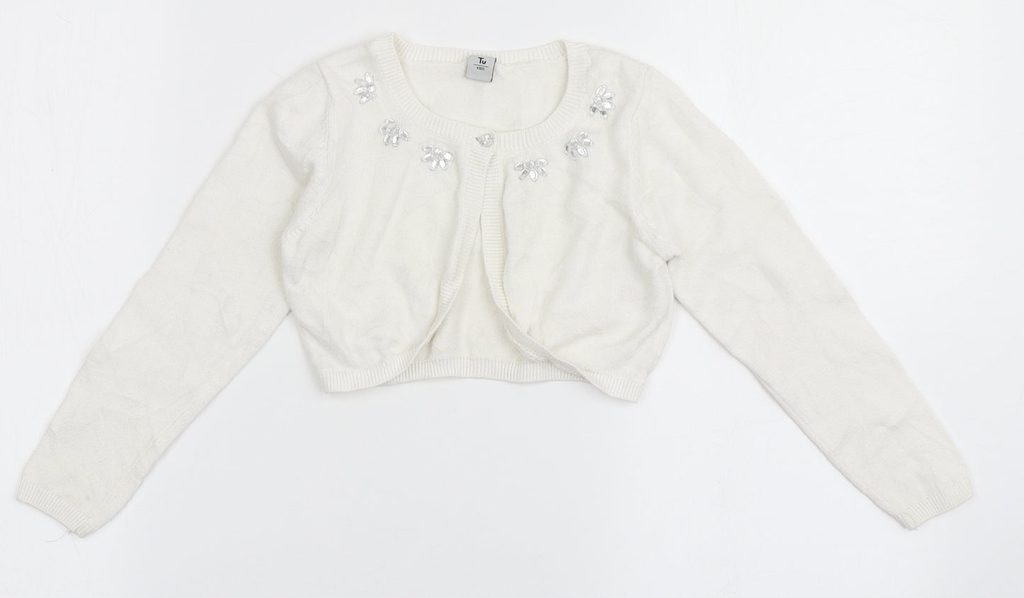 TU Girls White Round Neck  100% Cotton Shrug Jumper Size 5 Years  Button