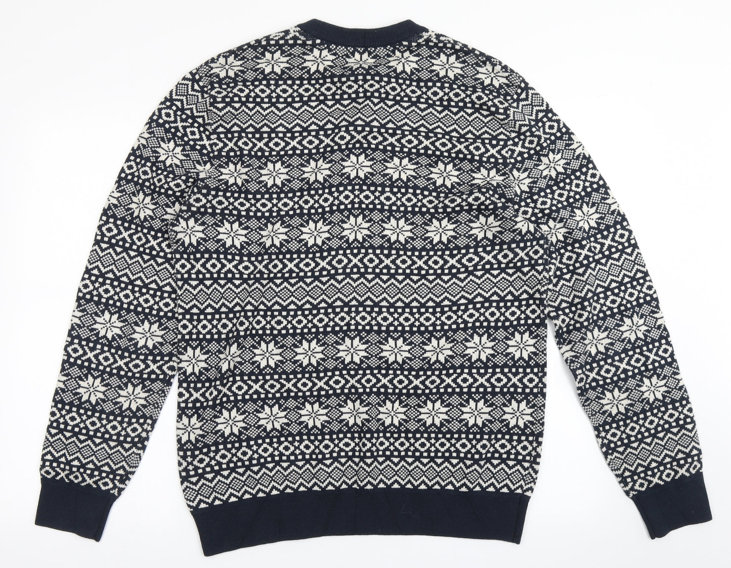 H&M Mens Blue Round Neck Fair Isle Polyester Pullover Jumper Size M