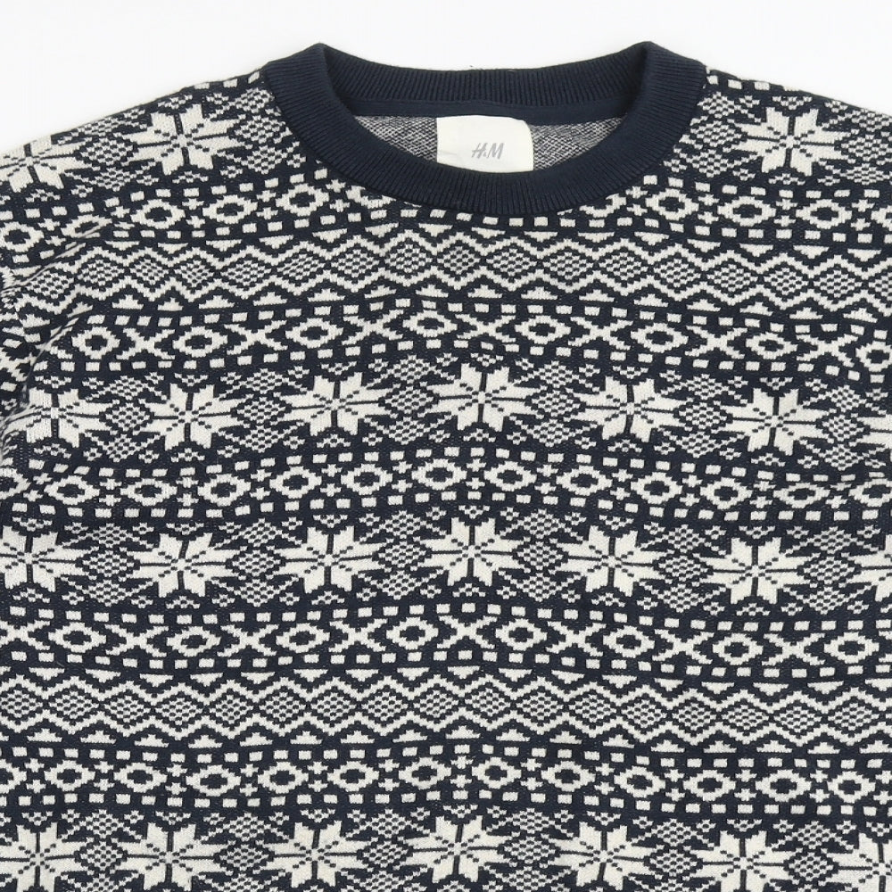 H&M Mens Blue Round Neck Fair Isle Polyester Pullover Jumper Size M