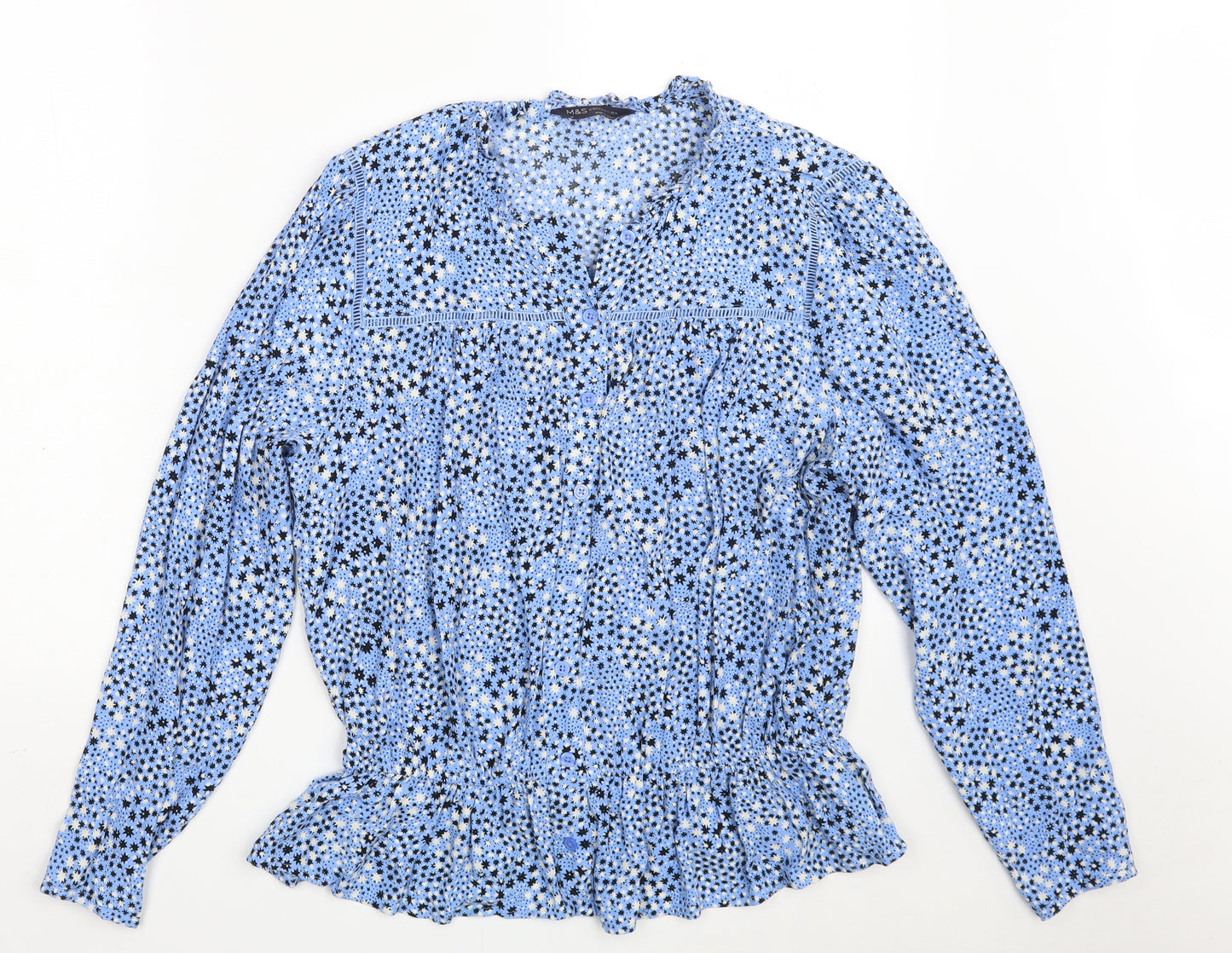 Marks and Spencer Womens Blue Floral Viscose Basic Button-Up Size 16 Round Neck