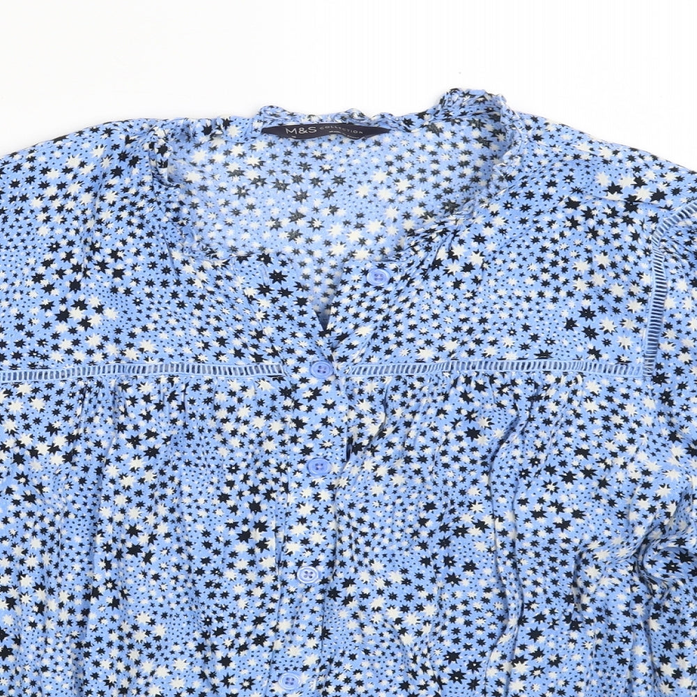 Marks and Spencer Womens Blue Floral Viscose Basic Button-Up Size 16 Round Neck
