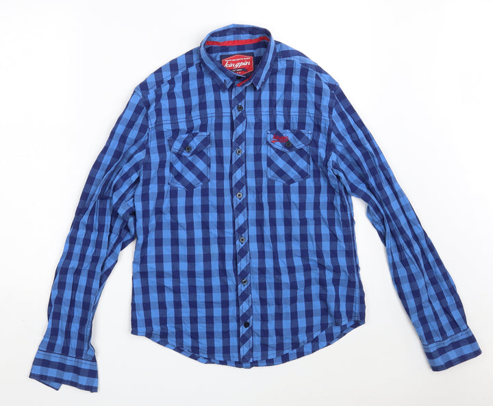 KINGPIN Mens Blue Check Cotton  Button-Up Size S Collared Button