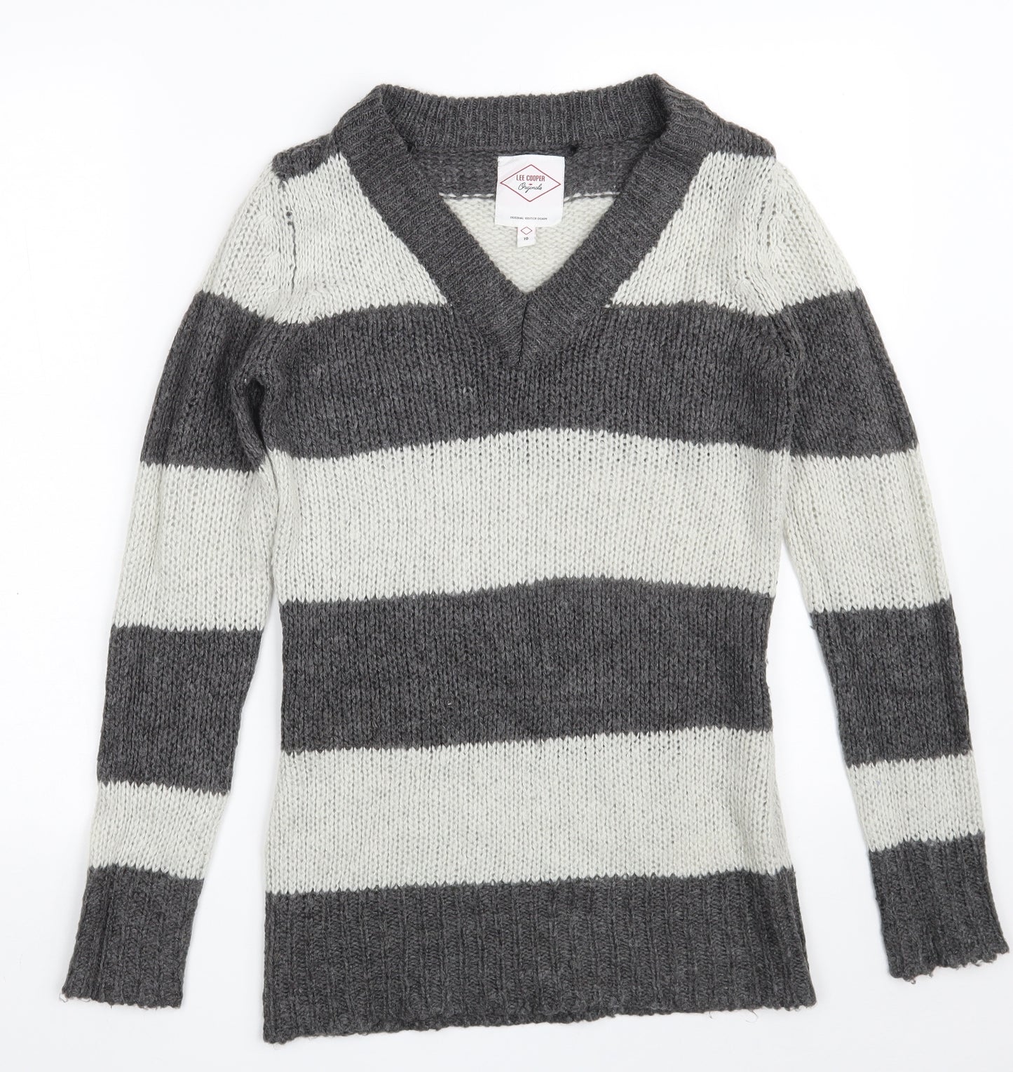 Lee Cooper Womens Grey V-Neck Striped Acrylic Pullover Jumper Size 10