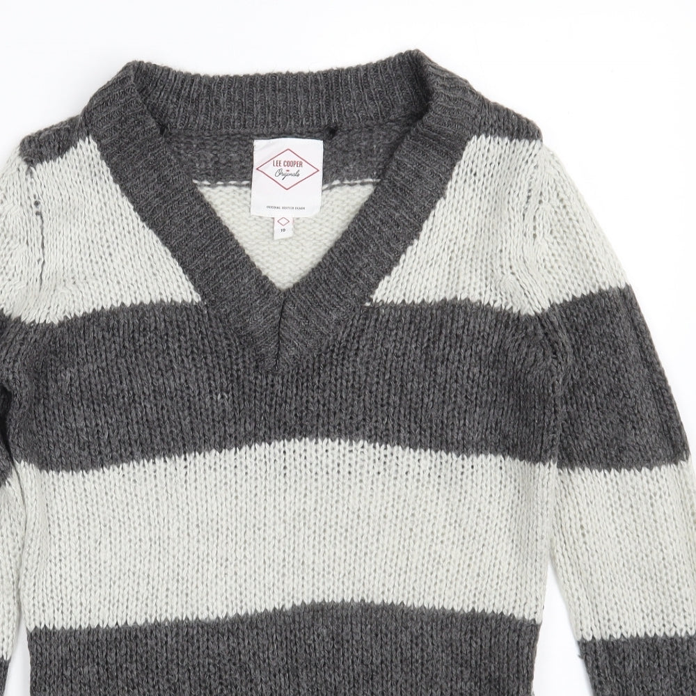 Lee Cooper Womens Grey V-Neck Striped Acrylic Pullover Jumper Size 10