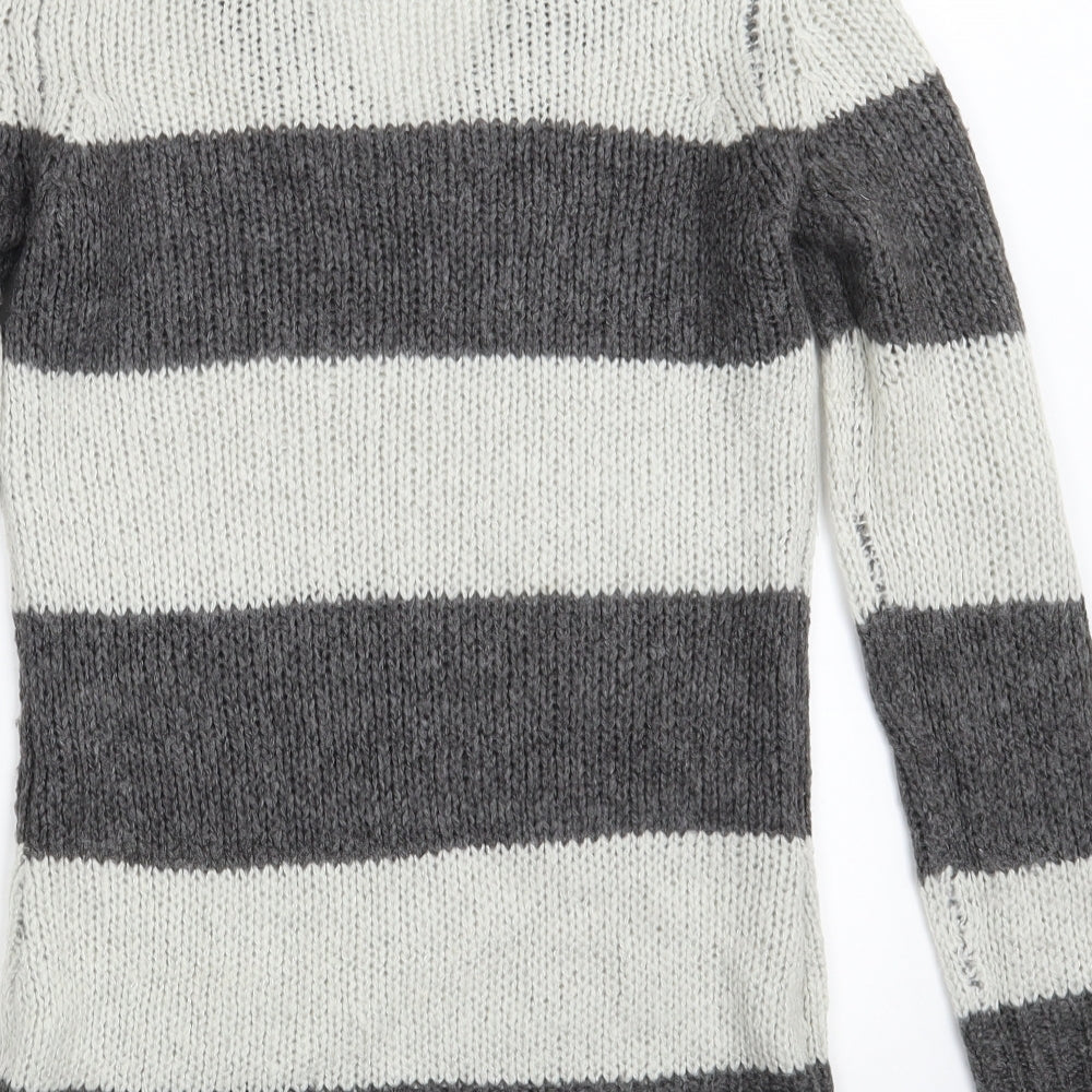 Lee Cooper Womens Grey V-Neck Striped Acrylic Pullover Jumper Size 10