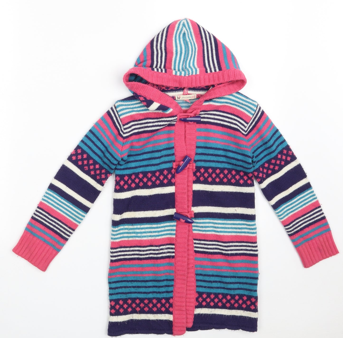 John Lewis Girls Multicoloured Round Neck Striped Acrylic Cardigan Jumper Size 5 Years  Button