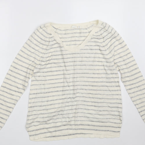 Gap Womens White V-Neck Striped Acrylic Pullover Jumper Size S