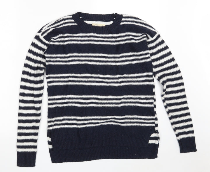 Hollister Womens Blue Round Neck Striped Acrylic Pullover Jumper Size S