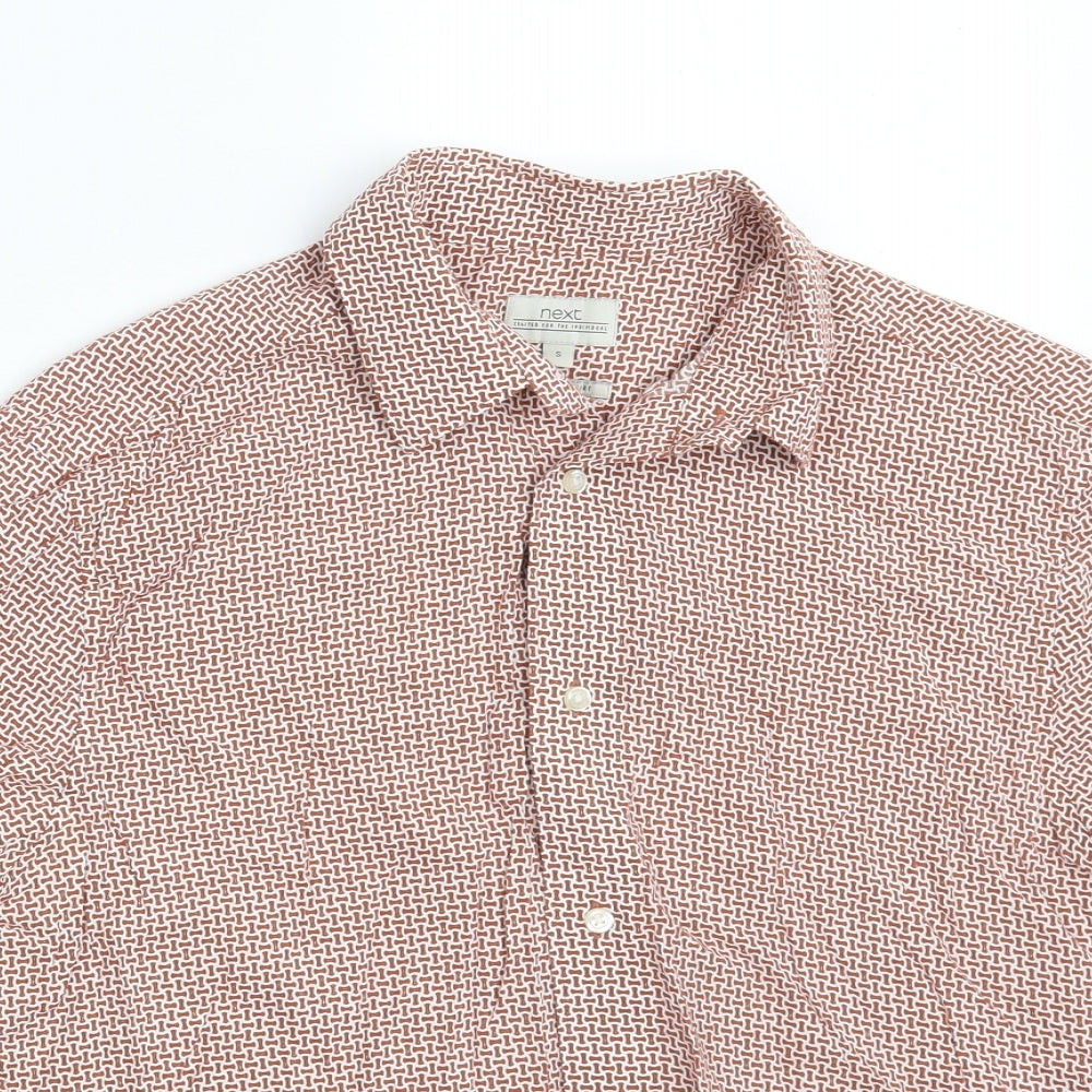 NEXT Mens Brown Geometric Cotton  Button-Up Size S Collared Button