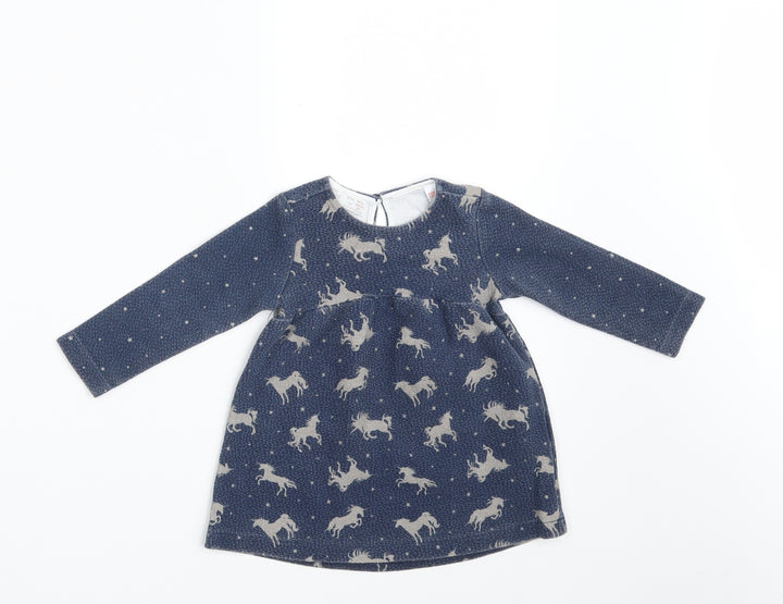 Zara Girls Blue Animal Print Cotton A-Line Size 9-12 Months Round Neck Button - Unicorn