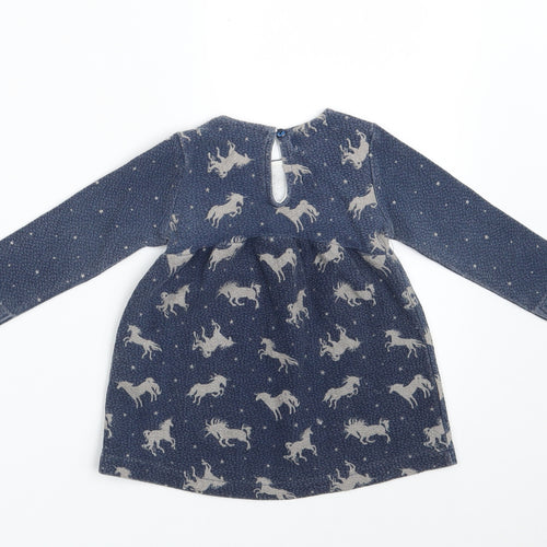 Zara Girls Blue Animal Print Cotton A-Line  Size 9-12 Months  Round Neck Button - Unicorn