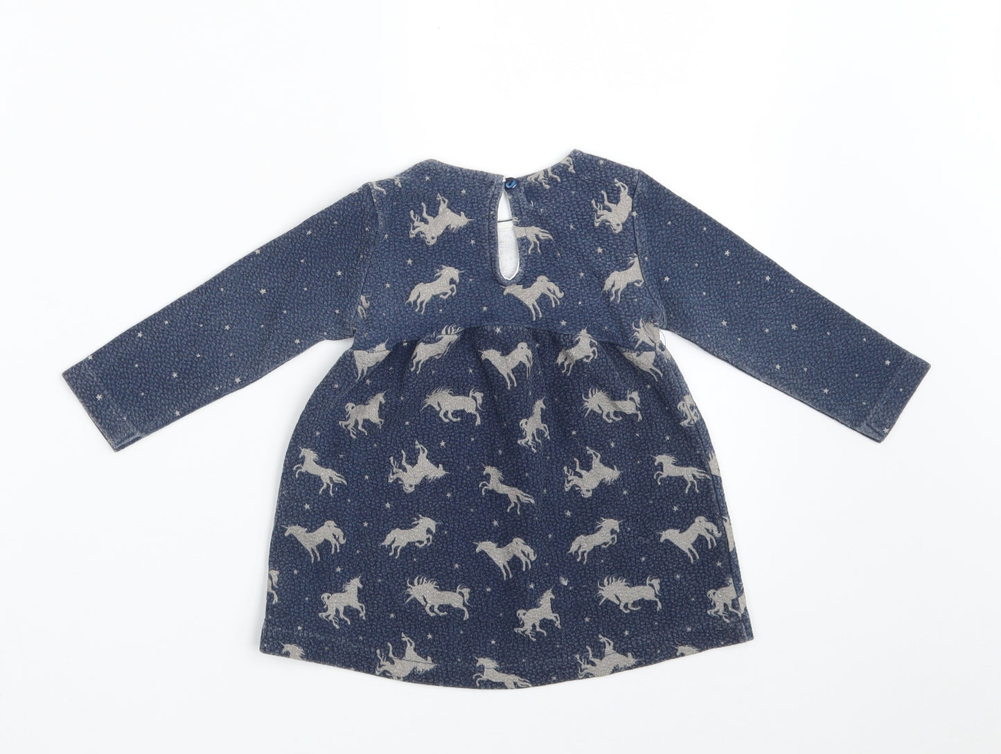 Zara Girls Blue Animal Print Cotton A-Line  Size 9-12 Months  Round Neck Button - Unicorn