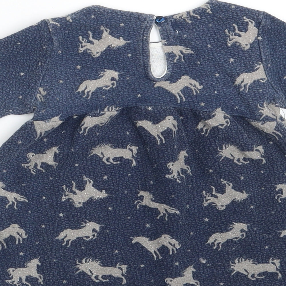 Zara Girls Blue Animal Print Cotton A-Line  Size 9-12 Months  Round Neck Button - Unicorn