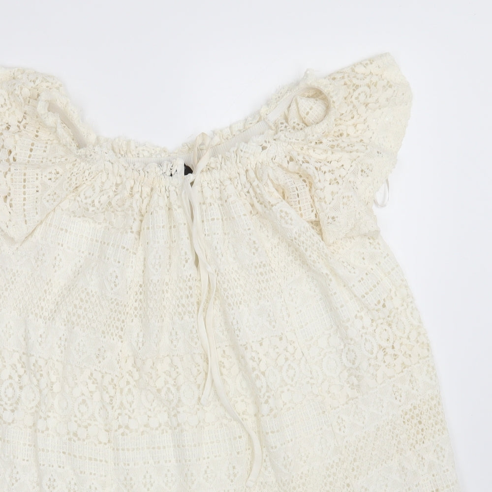 Topshop Womens Ivory Floral Cotton A-Line  Size 6  Boat Neck