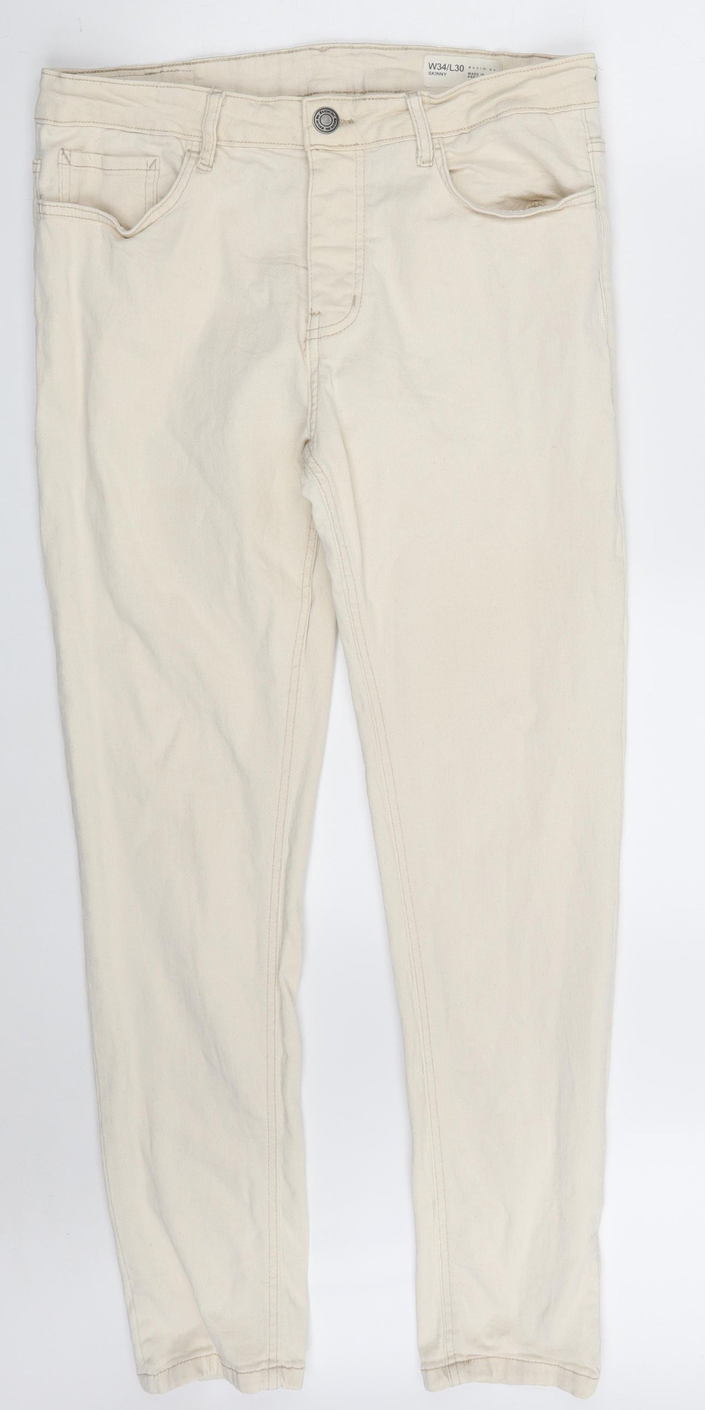 Denim & Co. Mens Beige  Cotton Skinny Jeans Size 34 in L30 in Slim Button