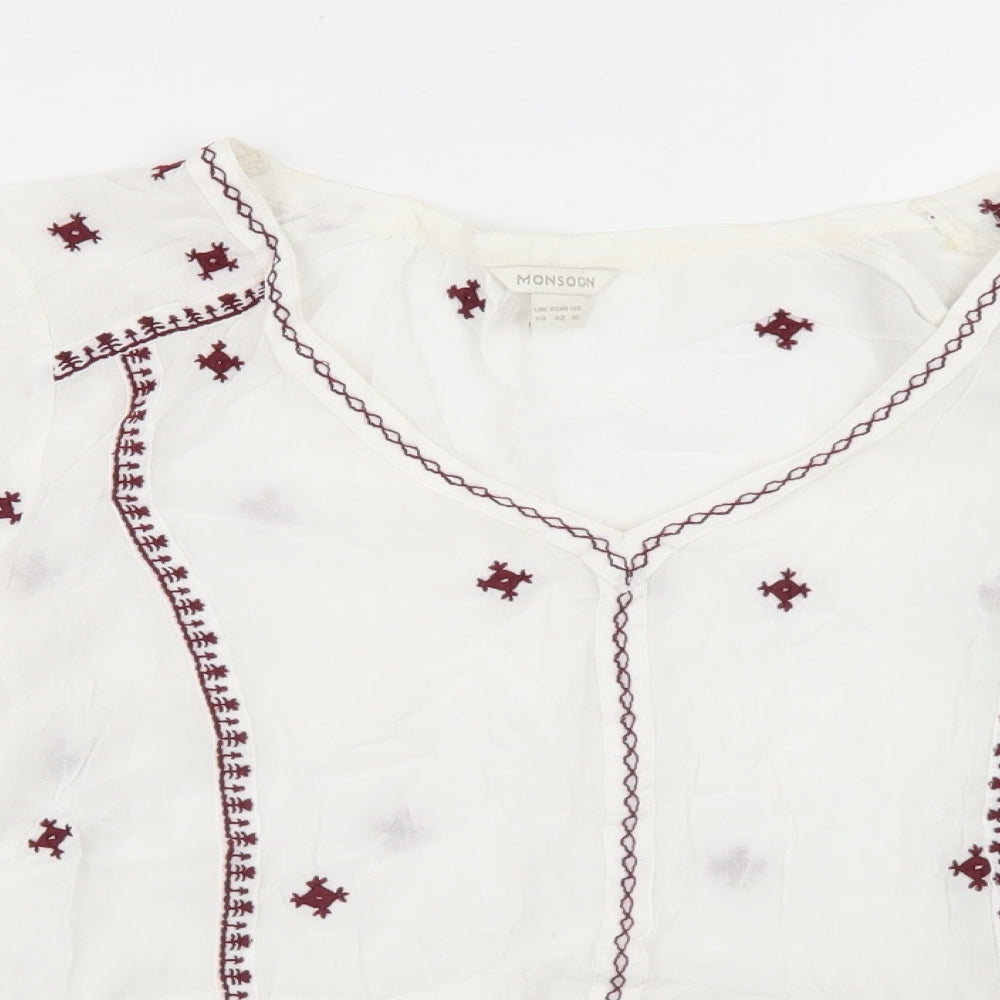 Monsoon Womens White Floral Viscose Basic Blouse Size 14 V-Neck - Flare Sleeve