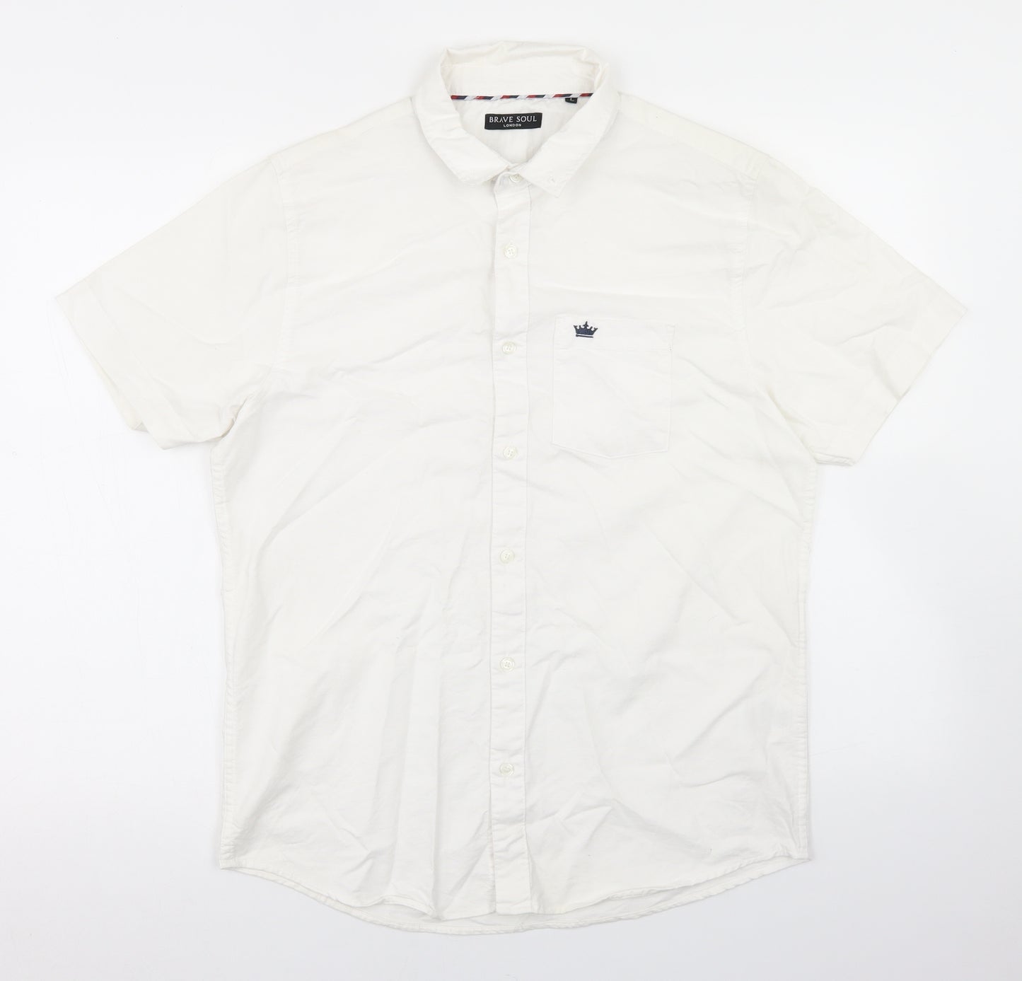 Brave Soul Mens White  Cotton  Button-Up Size L Collared Button