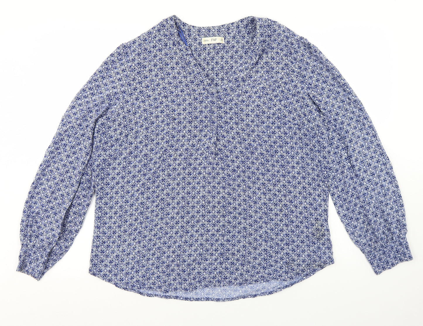 F&F Womens Blue Geometric Viscose Basic Blouse Size 16 V-Neck