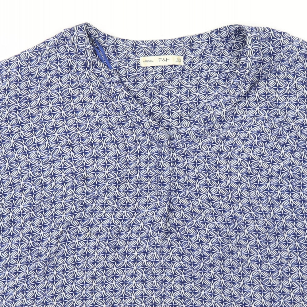 F&F Womens Blue Geometric Viscose Basic Blouse Size 16 V-Neck
