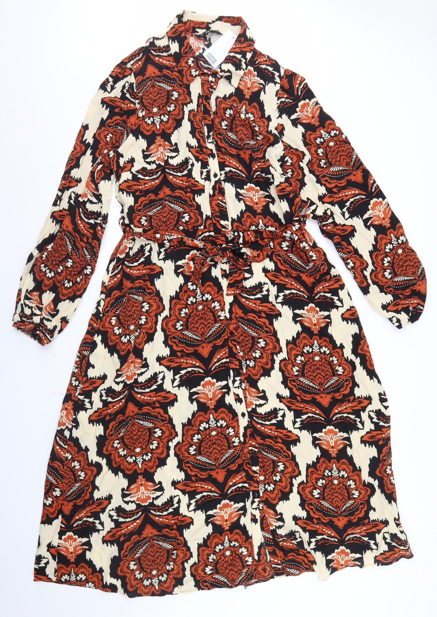 F&F Womens Beige Floral Viscose Shirt Dress  Size 16  Collared Button