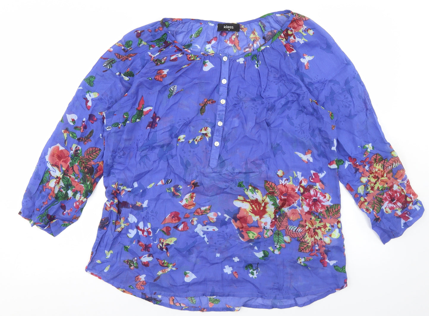 Klass Womens Blue Floral Cotton Basic Blouse Size 16 Round Neck