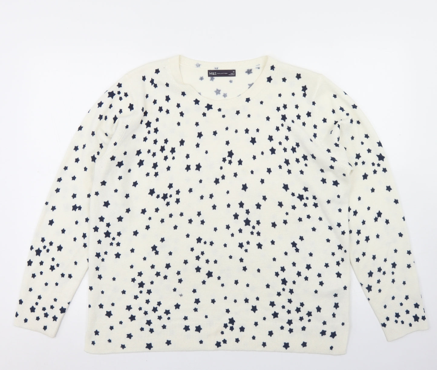 Marks and Spencer Womens White Crew Neck Geometric Acrylic Pullover Jumper Size 18   - Star Print