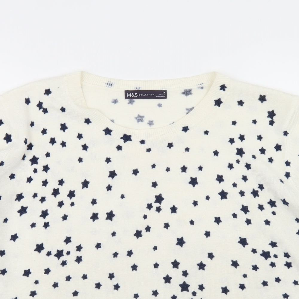 Marks and Spencer Womens White Crew Neck Geometric Acrylic Pullover Jumper Size 18   - Star Print