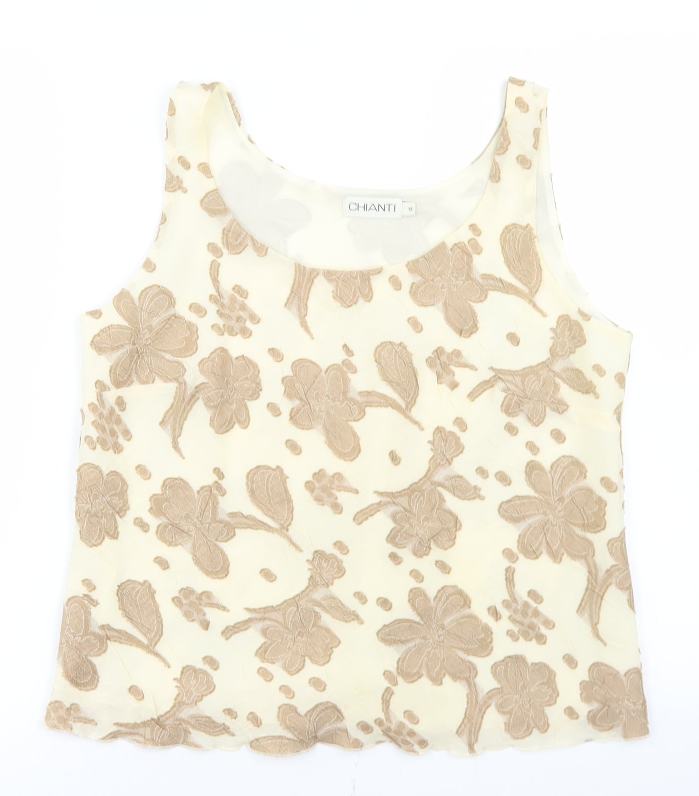 Chianti Womens Beige Floral Polyester Cropped Blouse Size 12 Round Neck - Lettuce Edging