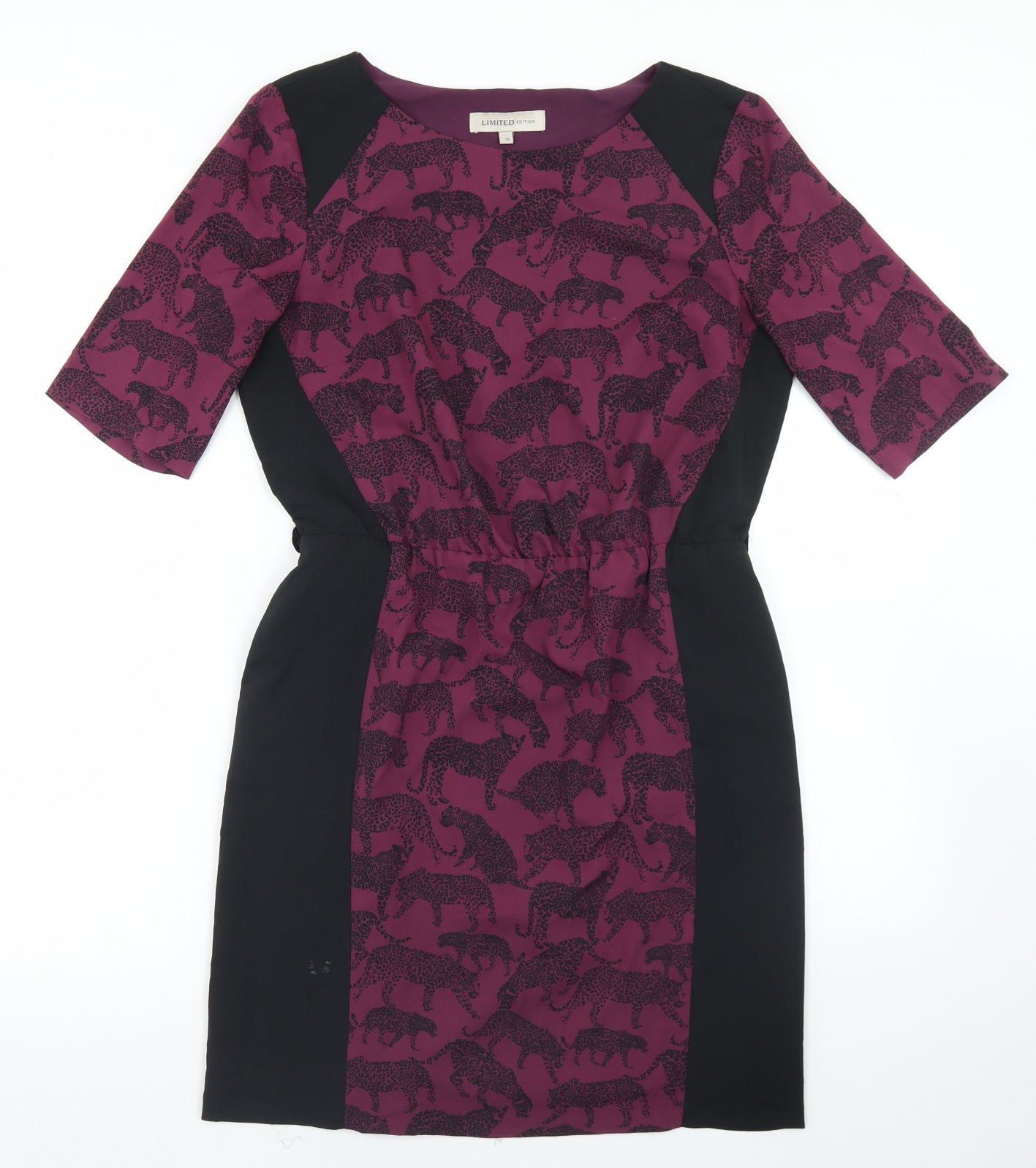 Marks and Spencer Womens Purple Geometric Polyester Sheath  Size 12  Round Neck  - Leopard Print