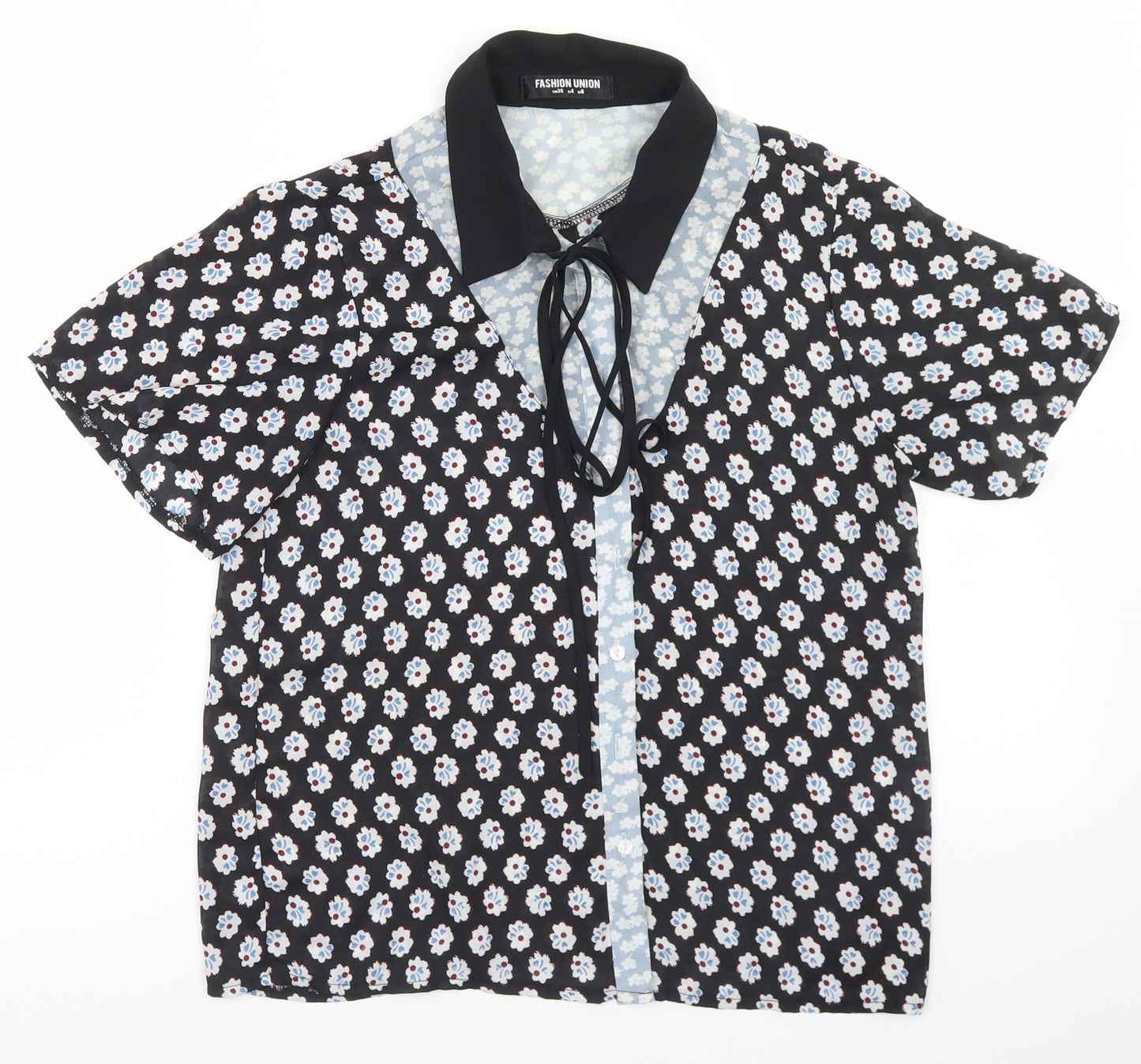 Fashion Union Womens Black Floral Polyester Basic Blouse Size 8 Collared