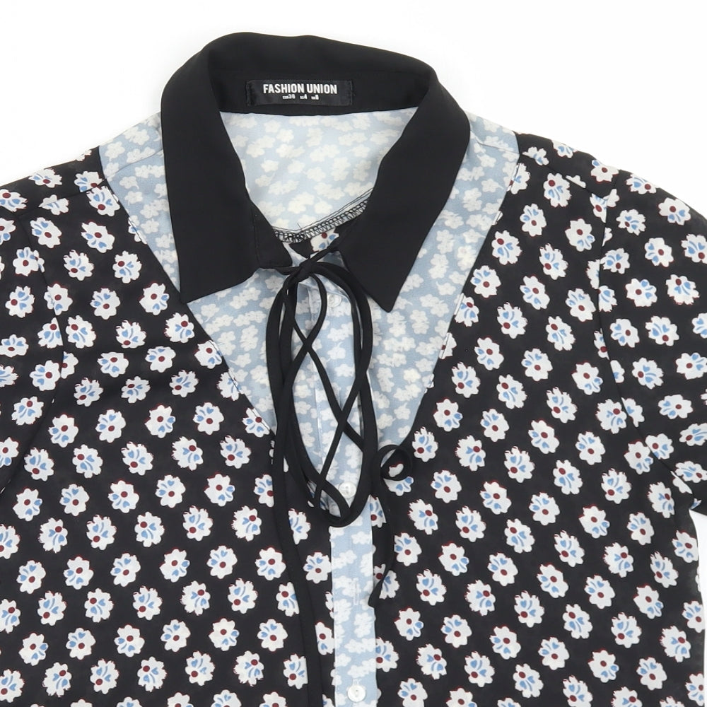 Fashion Union Womens Black Floral Polyester Basic Blouse Size 8 Collared