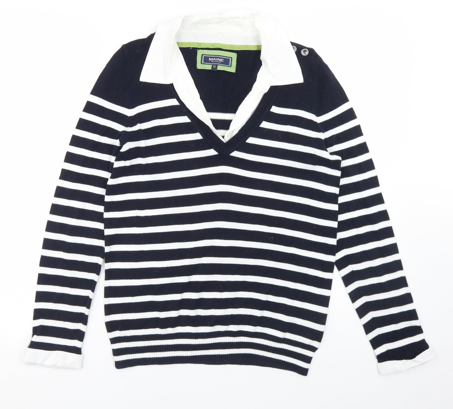Maine Womens Blue Collared Striped Cotton Pullover Jumper Size 12