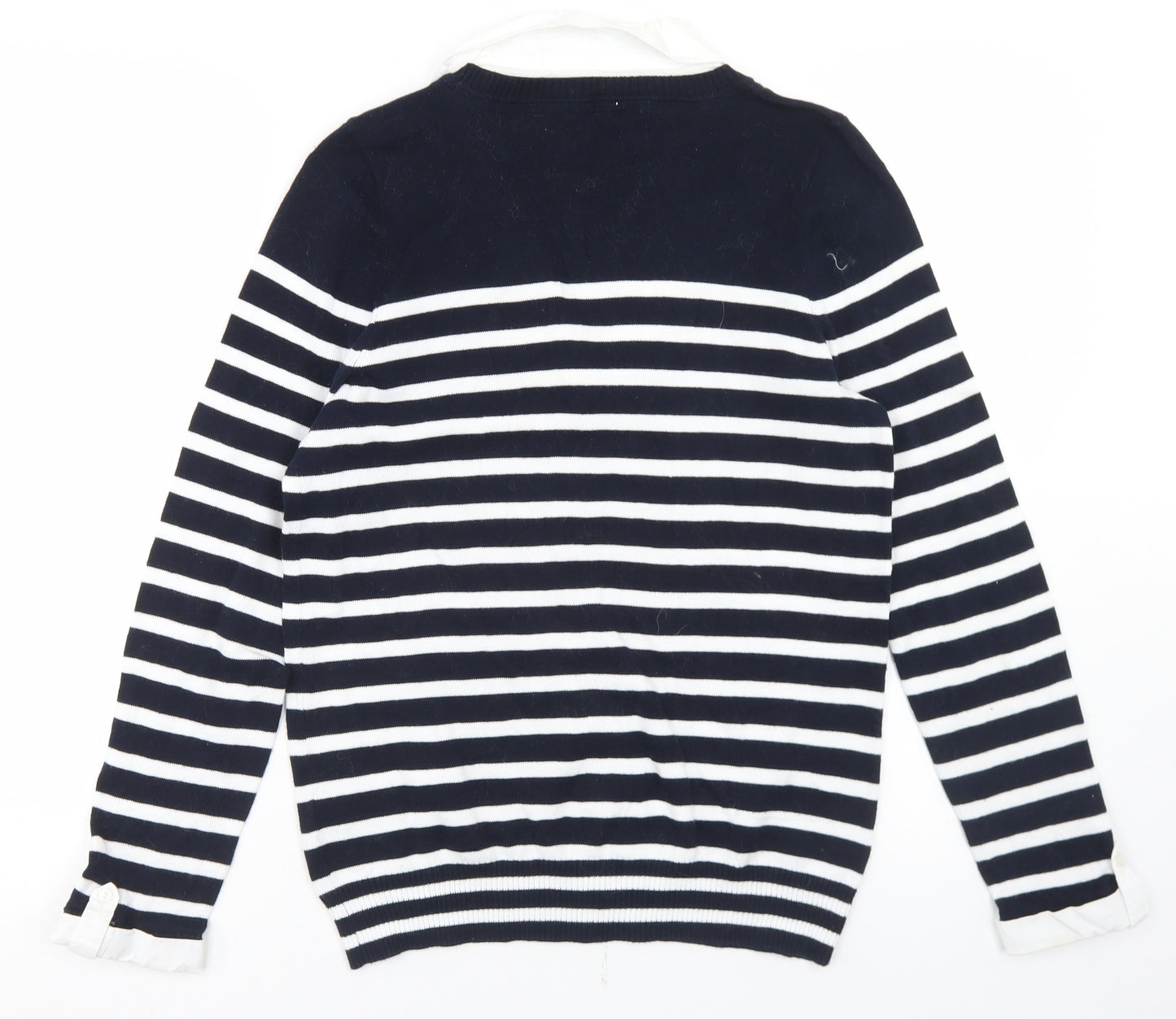 Maine Womens Blue Collared Striped Cotton Pullover Jumper Size 12