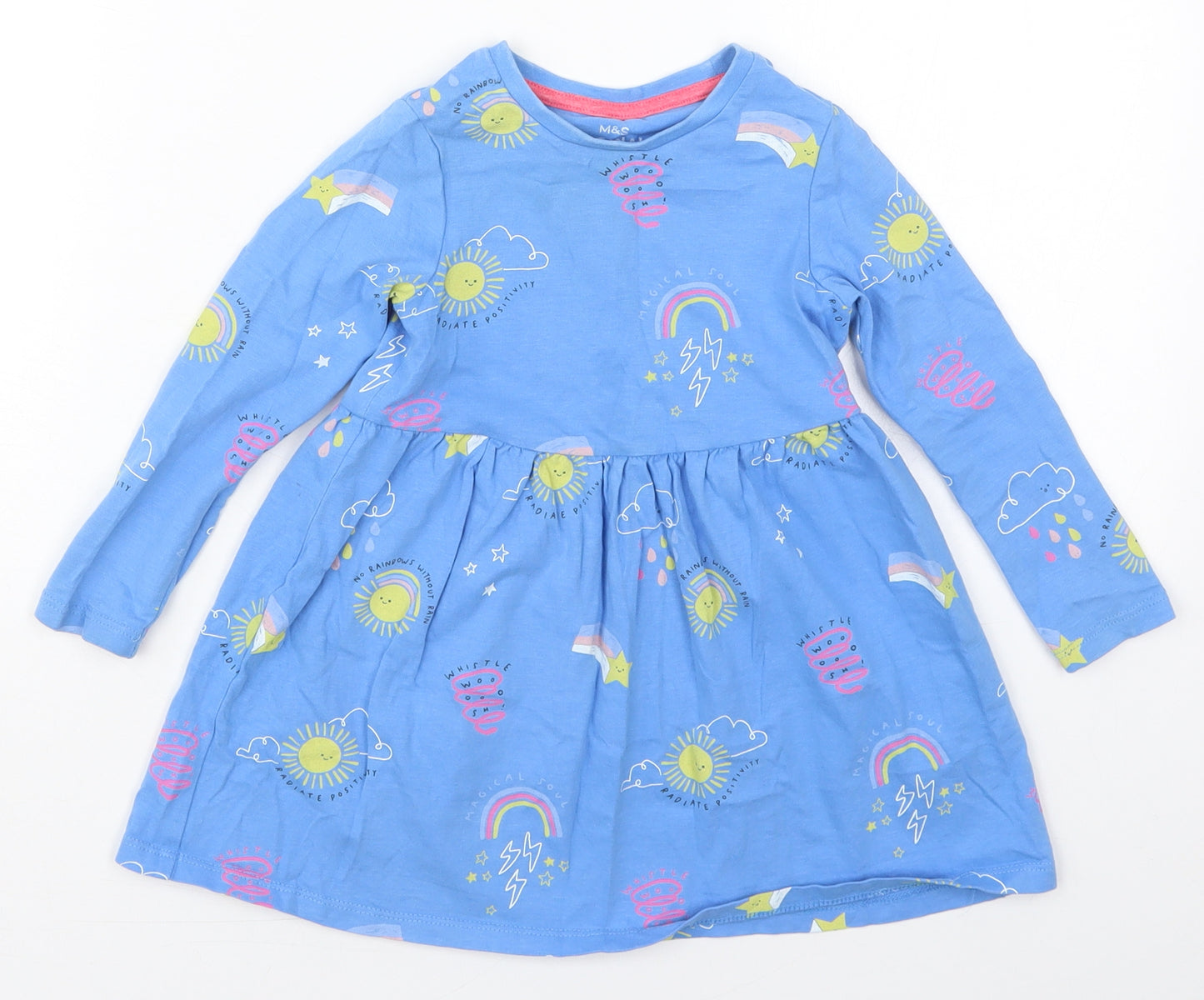 Marks and Spencer Girls Blue  Cotton Skater Dress  Size 2-3 Years  Crew Neck Pullover - Sun and Rainbows