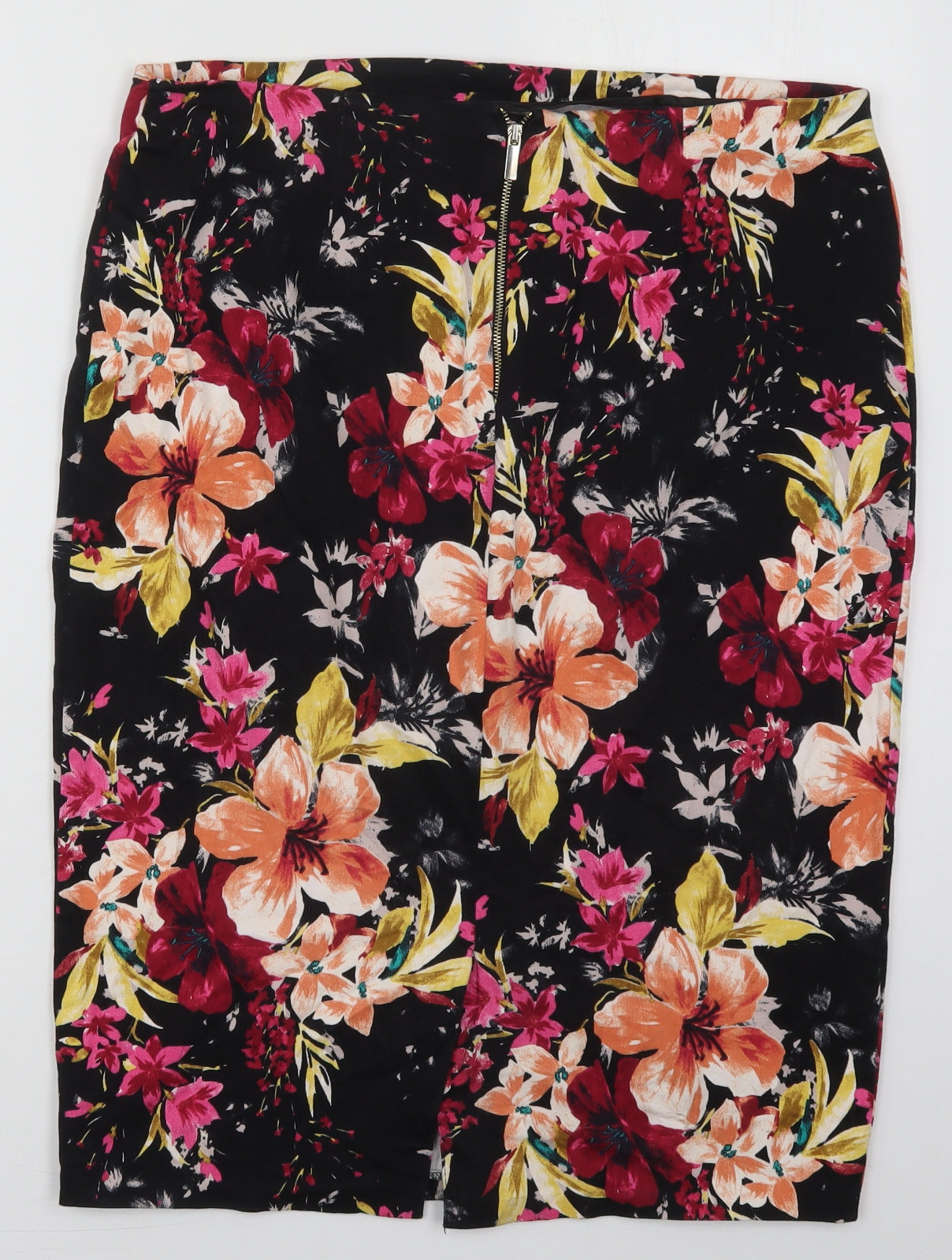F&F Womens Black Floral Cotton Peasant Skirt Size 16   Zip - Pink Flowers