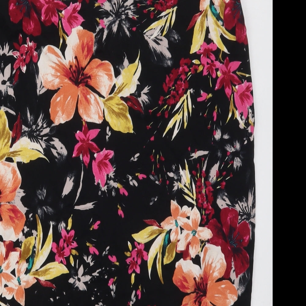 F&F Womens Black Floral Cotton Peasant Skirt Size 16   Zip - Pink Flowers