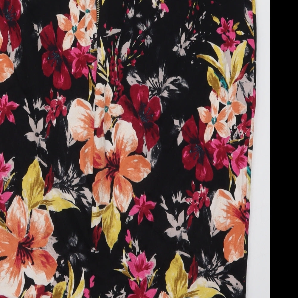 F&F Womens Black Floral Cotton Peasant Skirt Size 16   Zip - Pink Flowers