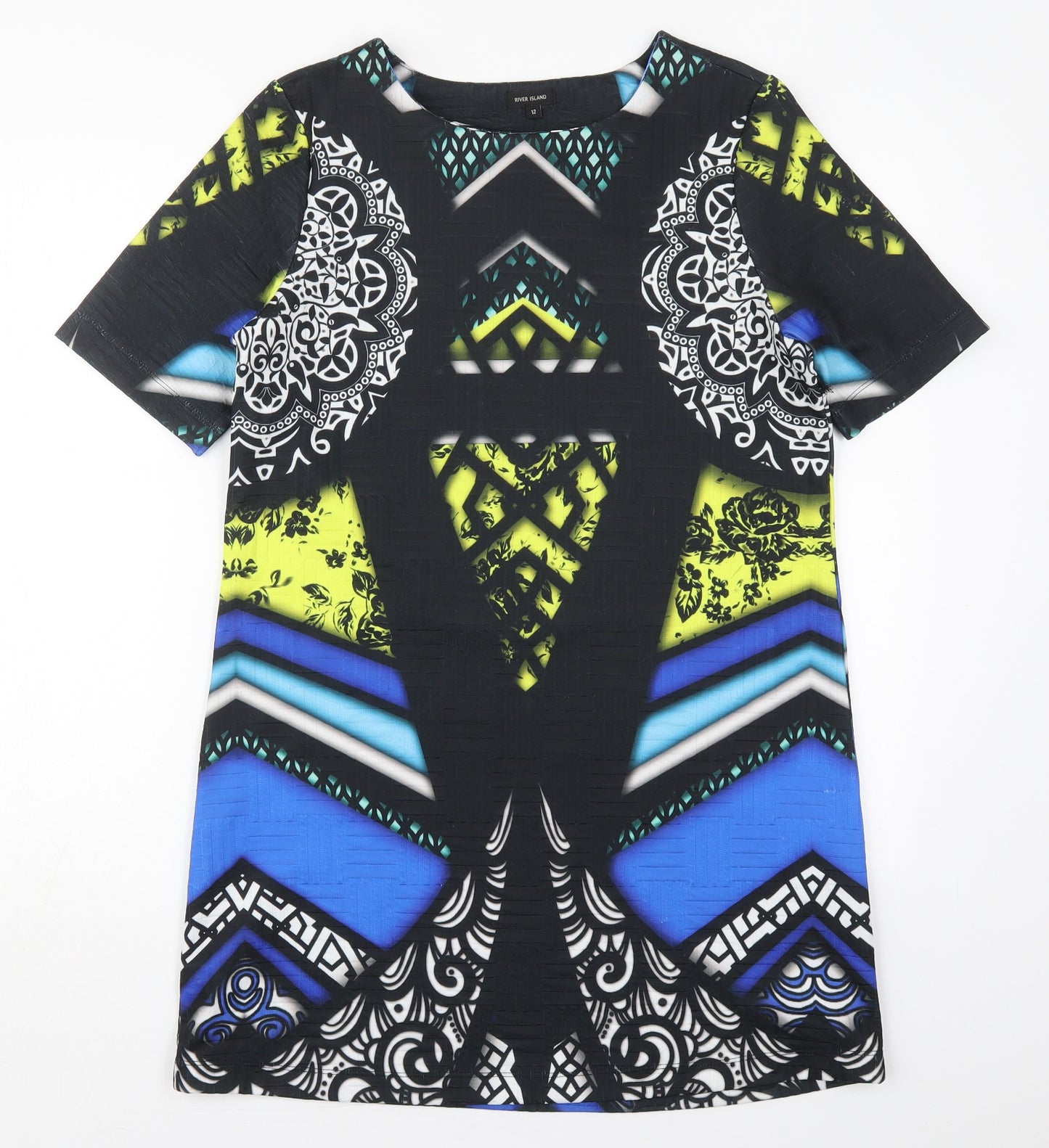River Island Womens Black Geometric Polyester A-Line  Size 12  Round Neck Pullover - Blue and Yellow