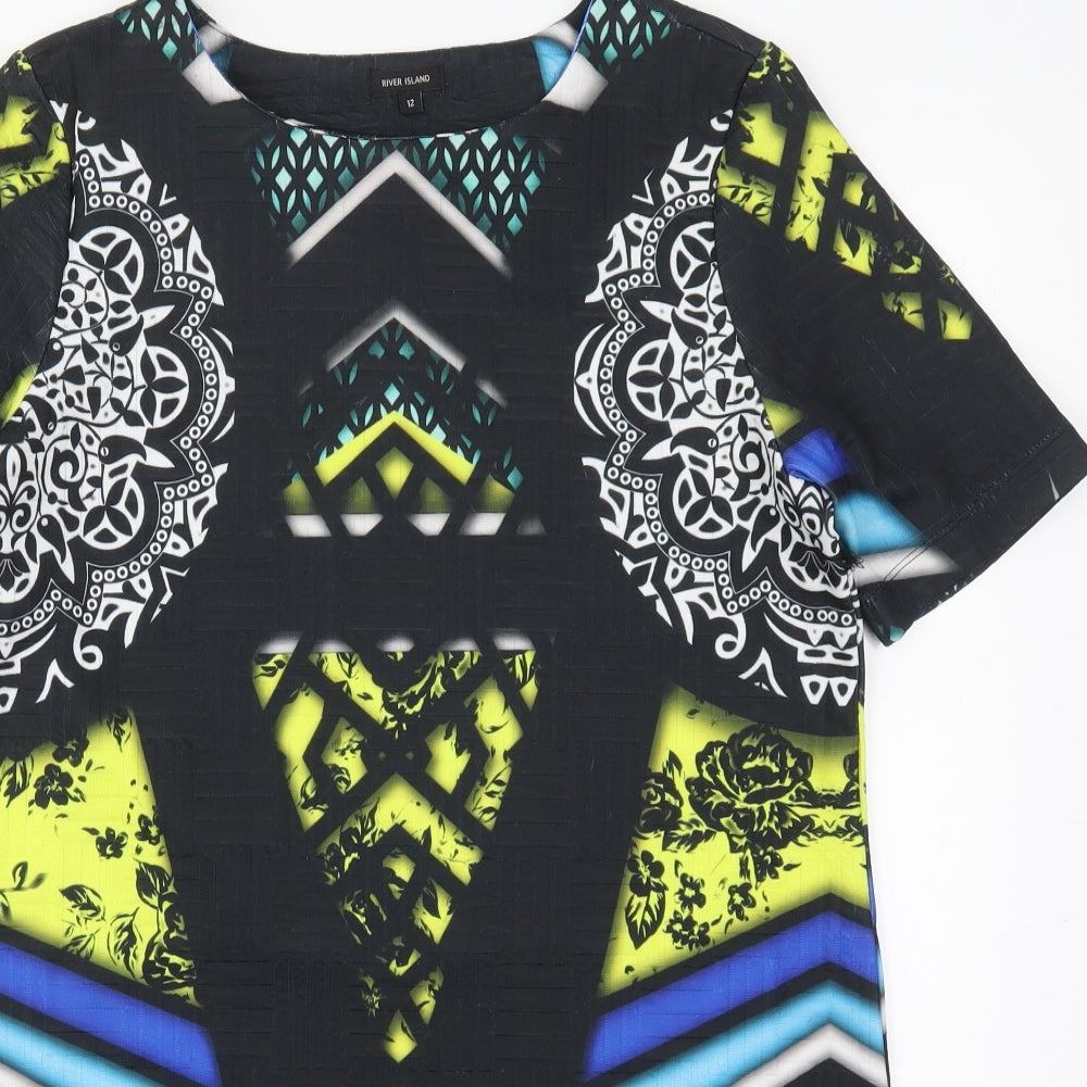 River Island Womens Black Geometric Polyester A-Line  Size 12  Round Neck Pullover - Blue and Yellow