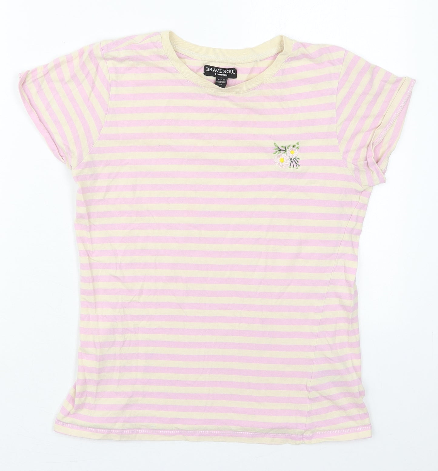 Brave Soul Womens Pink Striped Cotton Basic T-Shirt Size S Crew Neck - Flowers