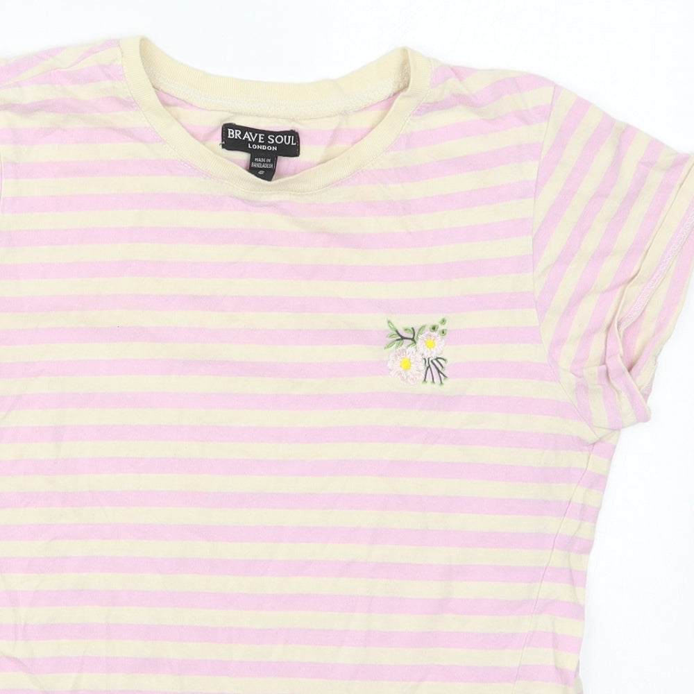 Brave Soul Womens Pink Striped Cotton Basic T-Shirt Size S Crew Neck - Flowers