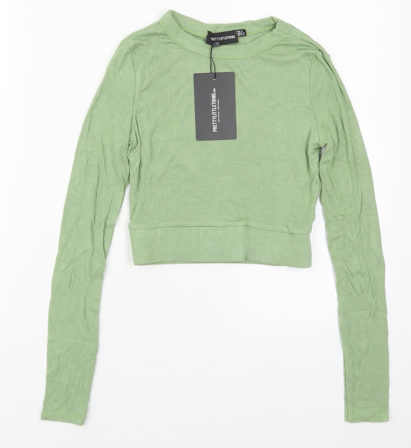 PRETTYLITTLETHING Womens Green  Viscose Basic T-Shirt Size 6 Crew Neck