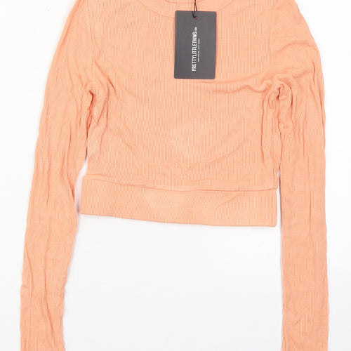 PRETTYLITTLETHING Womens Orange  Viscose Basic T-Shirt Size 6 Crew Neck