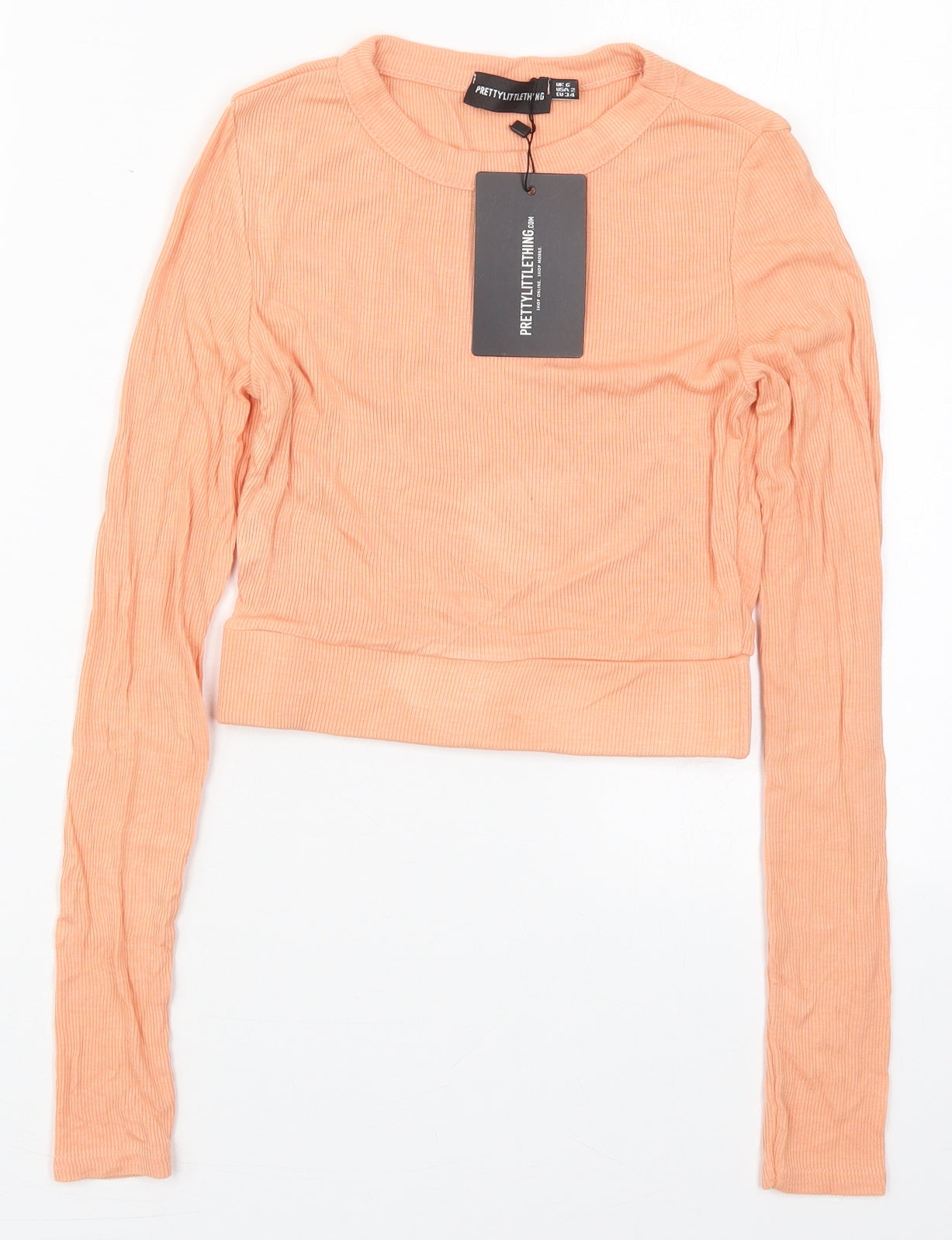 PRETTYLITTLETHING Womens Orange  Viscose Basic T-Shirt Size 6 Crew Neck