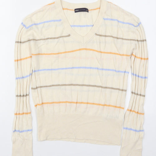 Marks and Spencer Womens Ivory V-Neck Striped Viscose Pullover Jumper Size S