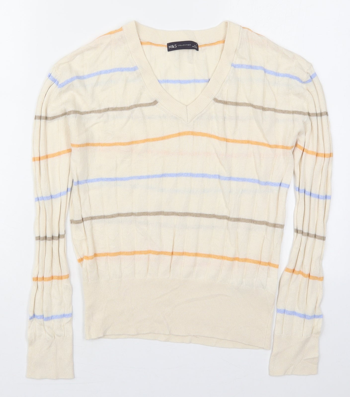 Marks and Spencer Womens Ivory V-Neck Striped Viscose Pullover Jumper Size S