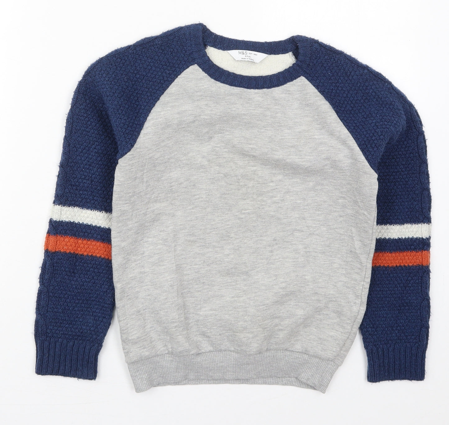 Marks and Spencer Boys Grey Striped Cotton Pullover Sweatshirt Size 8-9 Years  Pullover - Blue