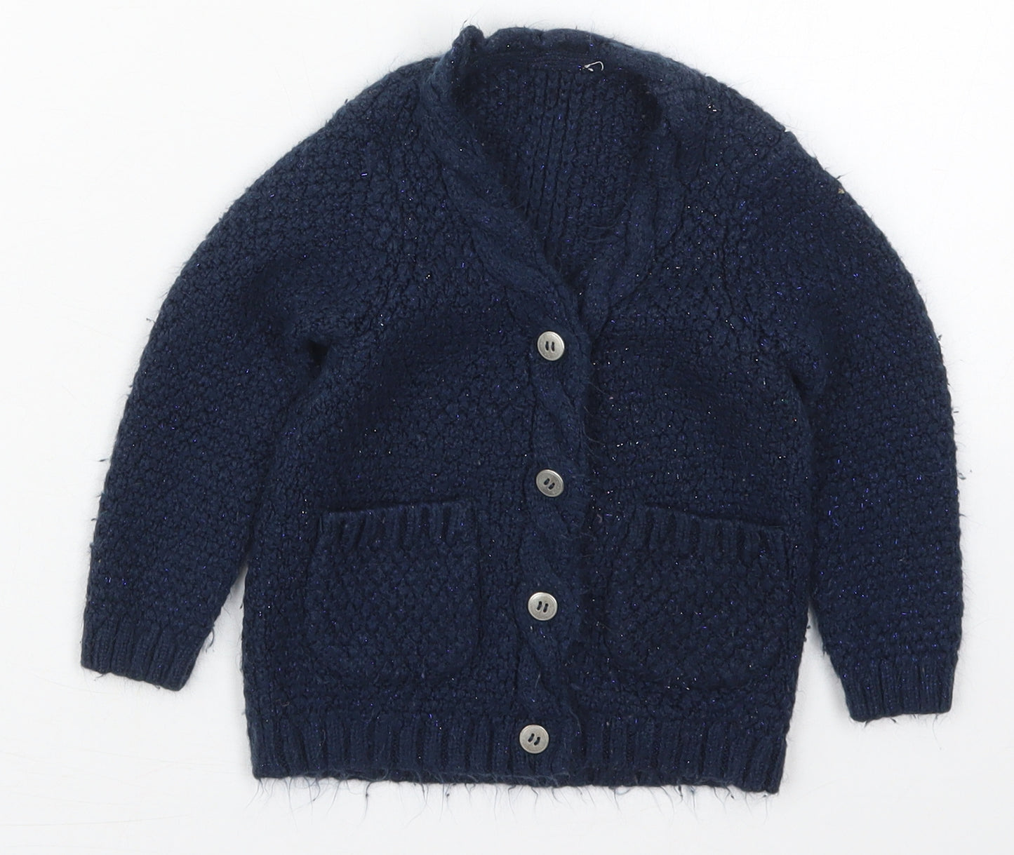 Mothercare Girls Blue V-Neck  Acrylic Cardigan Jumper Size 3 Years  Button
