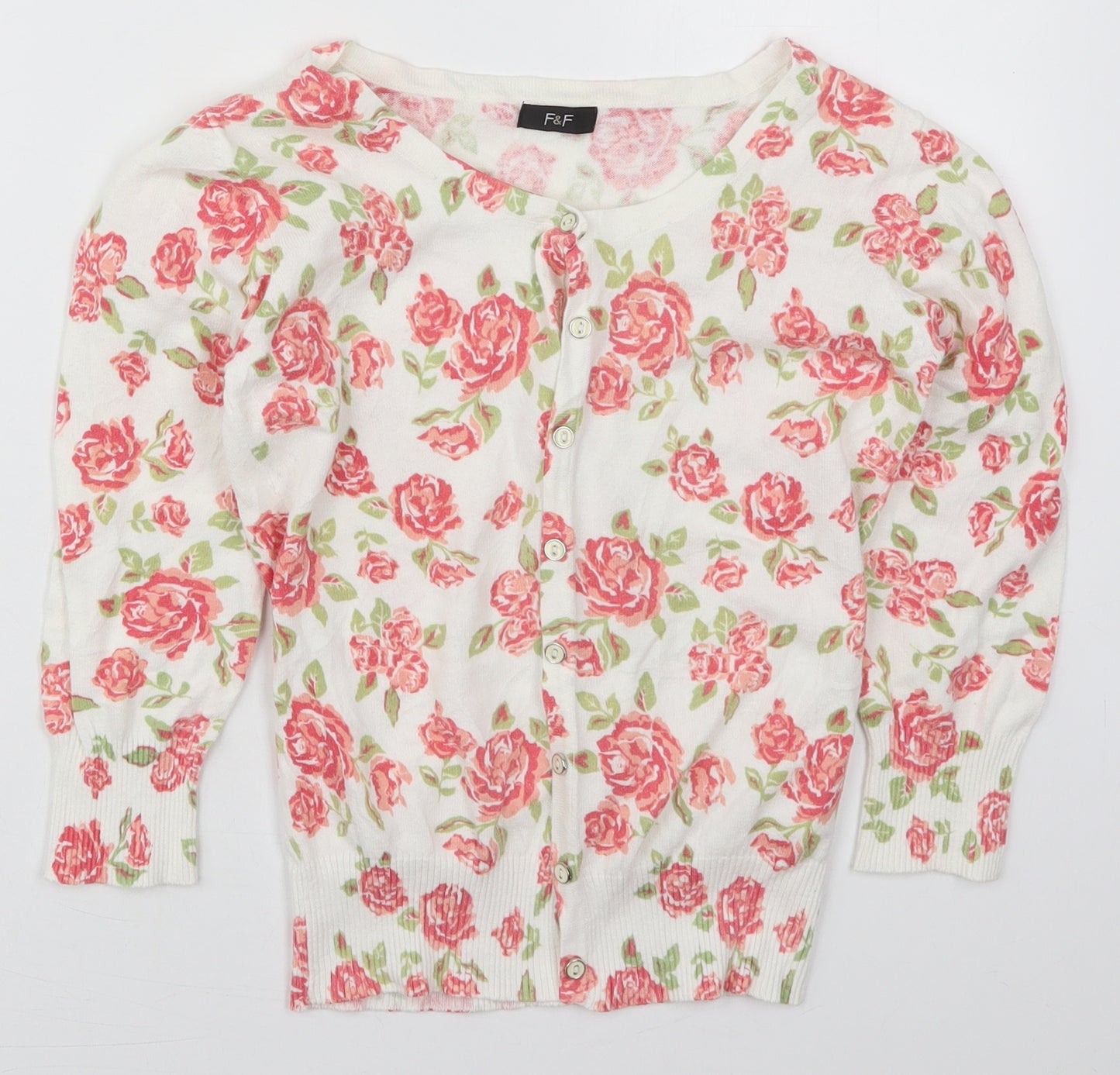 F&F Womens White Round Neck Floral Cotton Cardigan Jumper Size 8   - Pink Roses